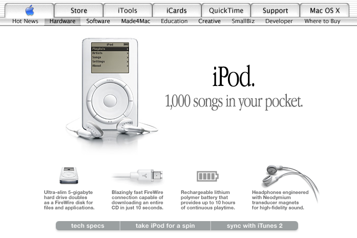 Apple homepage showcasing the iPod (2001)